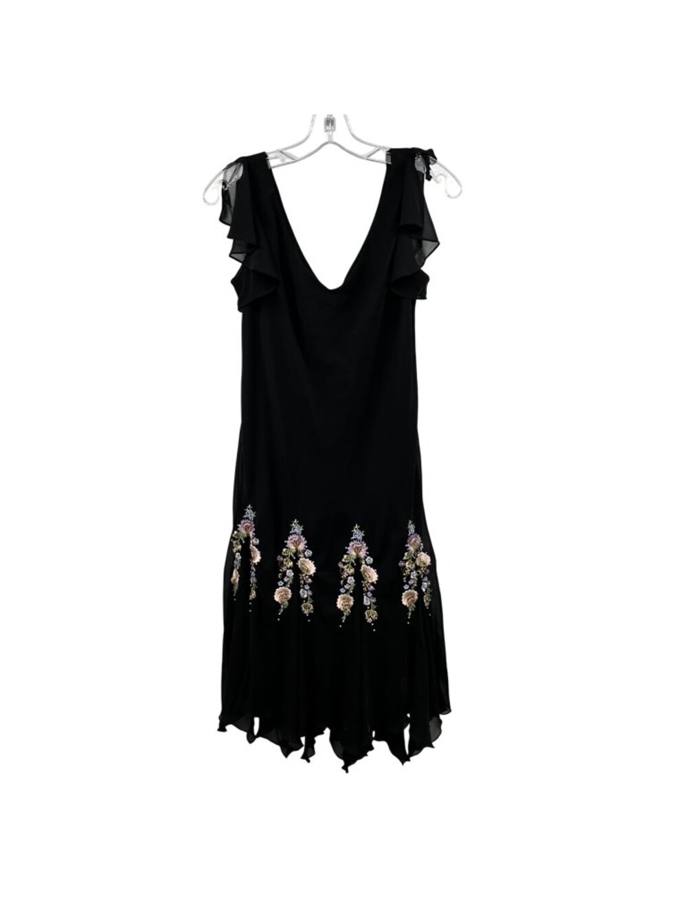 S.L. Fashions Chiffon Embroidered Midi Dress Handkerchief Hem Black/Multi 12P